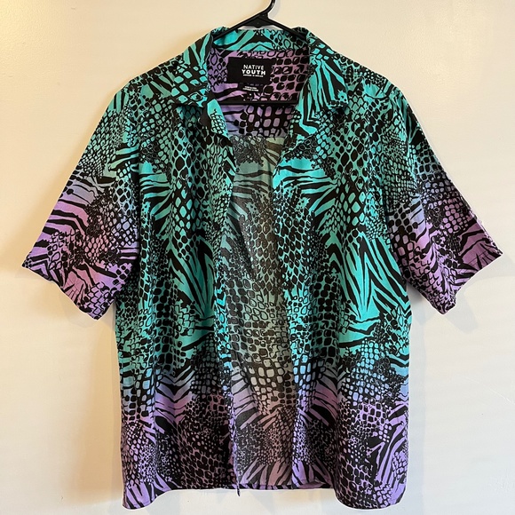Native Youth Snake Tiger Patterns Teal Purple Shirt - Picture 2 of 3